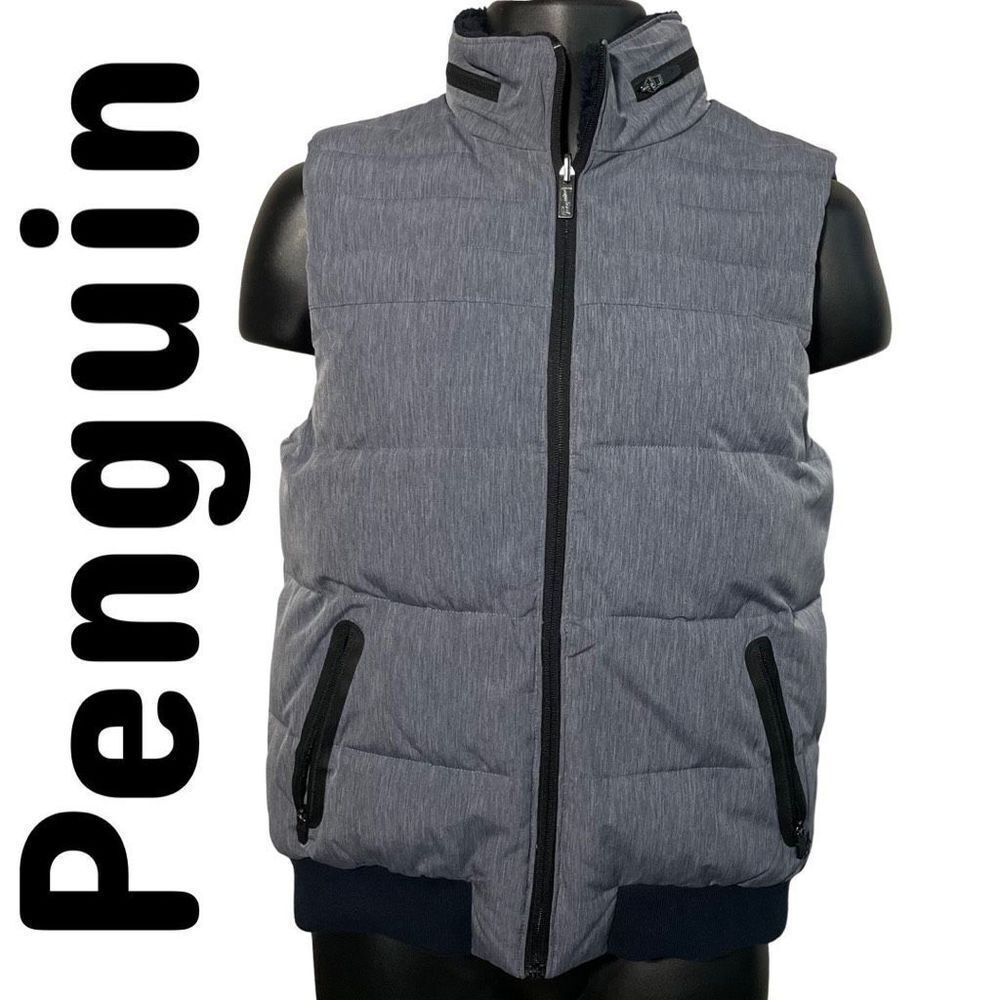 ORIGINAL PENGUIN Reversible Puff Vest blue heather side OR blue Sherpa like side